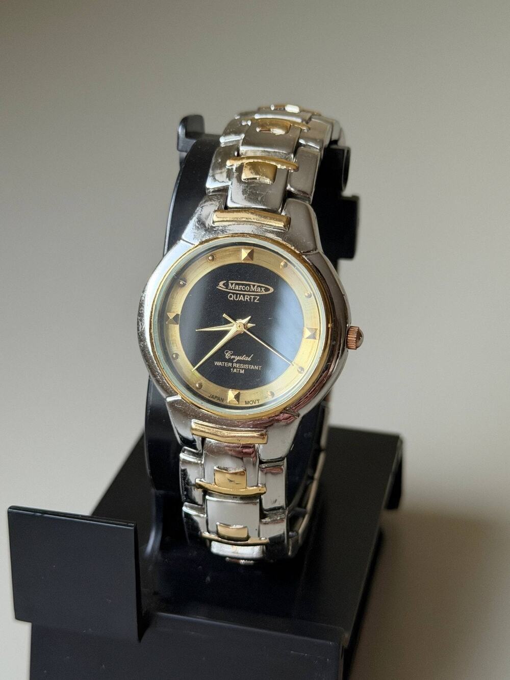MarcoMax Watch Silver Tone Stainless Steel Rhinestones Y2k Vintage Black Dial